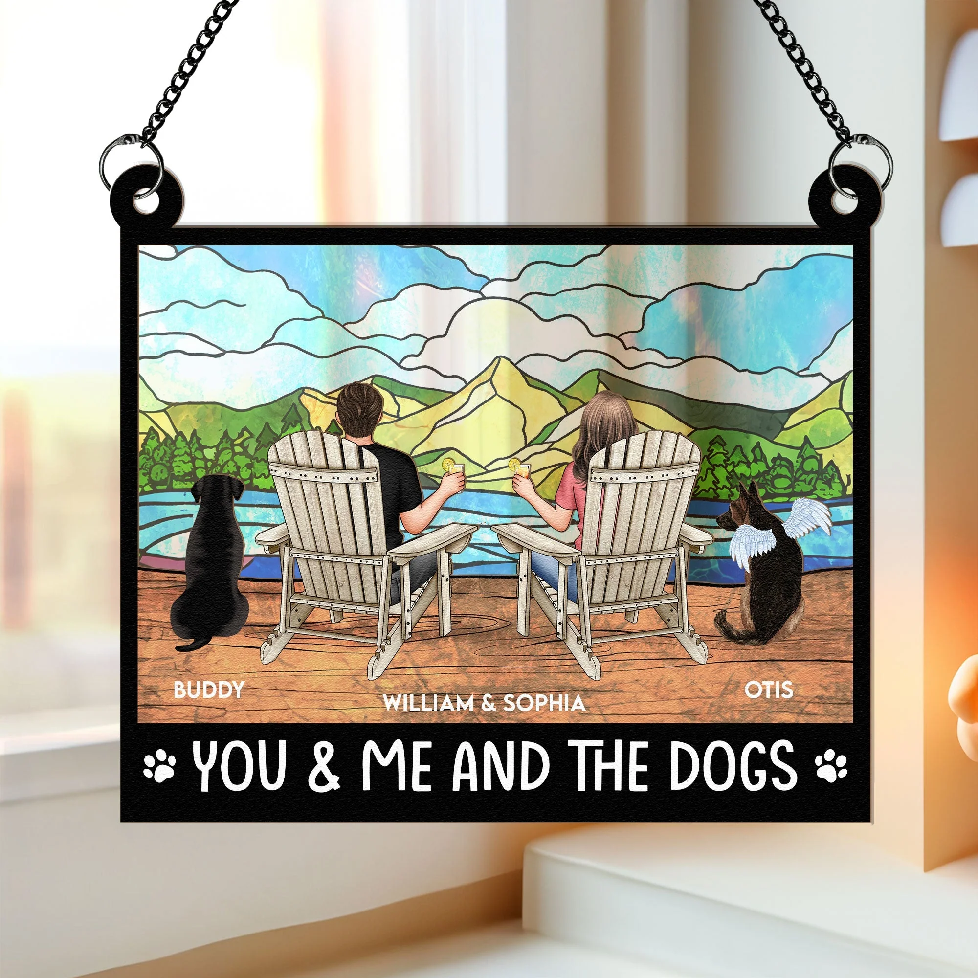 You & Me and the Dogs Mountain Sunset Wood and Acrylic Ornament – Personalized Gift for Couples and Dog Lovers - Image 3