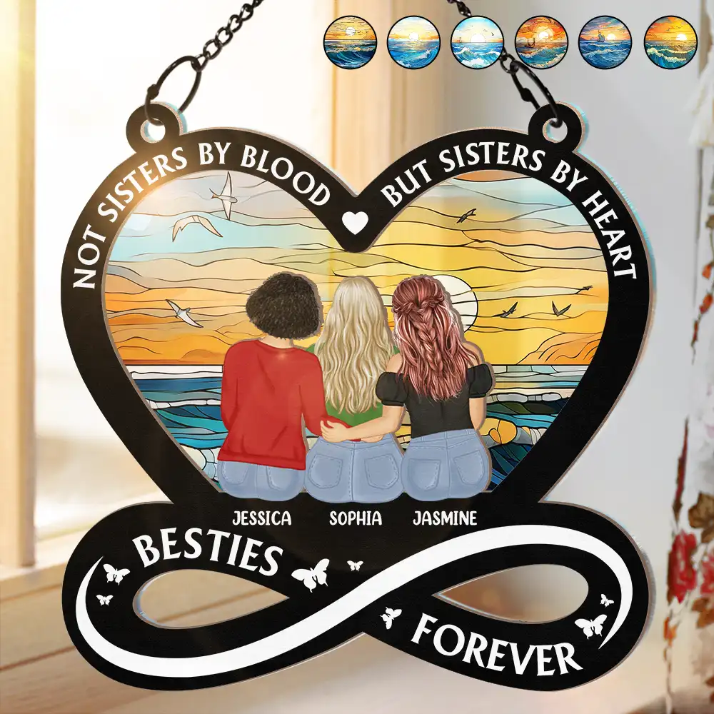 “Not Sisters by Blood but Sisters by Heart” Sunset Ornament – Double-Layer Wood & Acrylic Gift for Besties