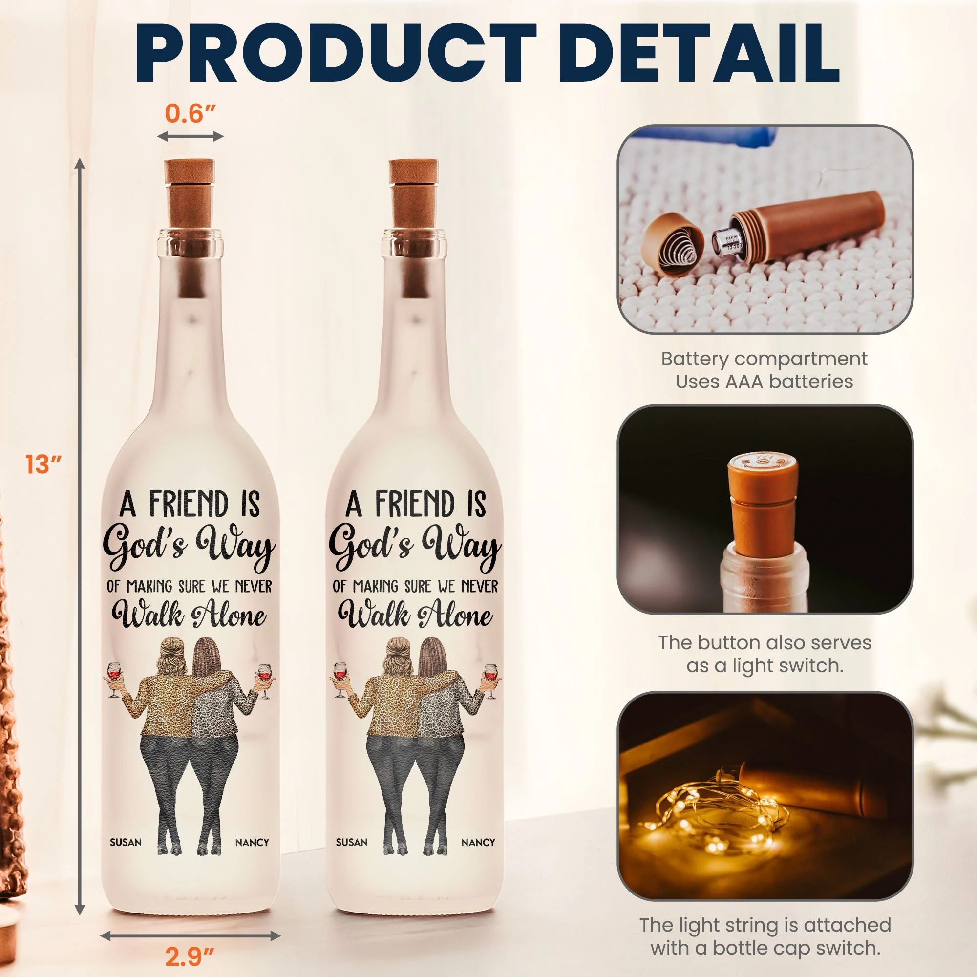 “A Friend Is God’s Way” Bottle Lamp, Glowing Personalized Gift for Best Friends & Sisters - Image 4