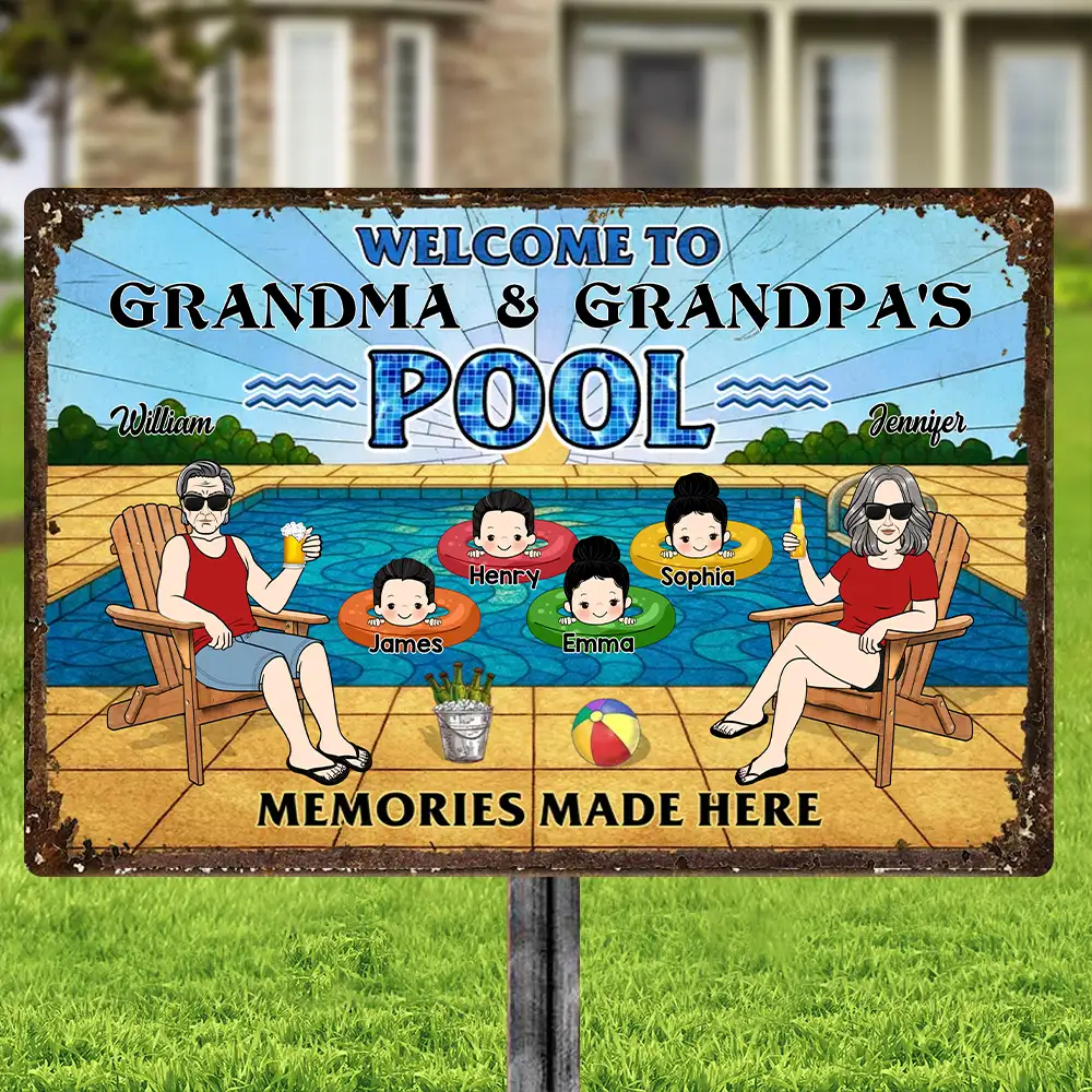 Welcome To Grandma & Grandpa’s Pool Sign – Personalized Rectangular Iron Sign, Summer Gift for Grandparents with Kids in Pool Scene, Custom Name Family Pool Decor