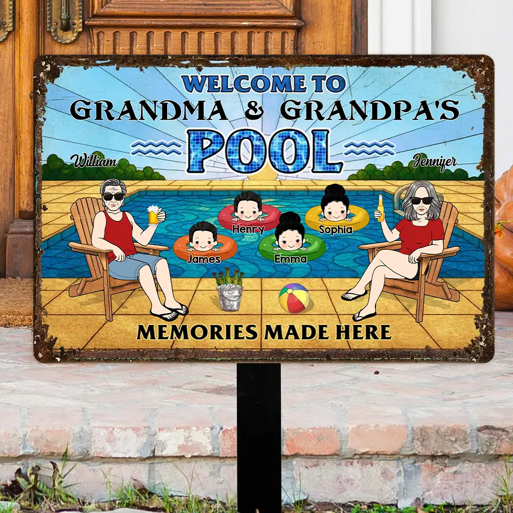 Welcome To Grandma & Grandpa’s Pool Sign – Personalized Rectangular Iron Sign, Summer Gift for Grandparents with Kids in Pool Scene, Custom Name Family Pool Decor - Image 2