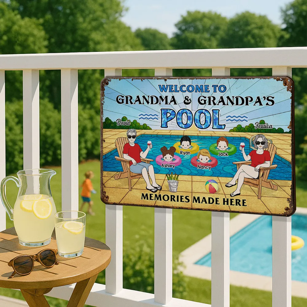 Welcome To Grandma & Grandpa’s Pool Sign – Personalized Rectangular Iron Sign, Summer Gift for Grandparents with Kids in Pool Scene, Custom Name Family Pool Decor - Image 5