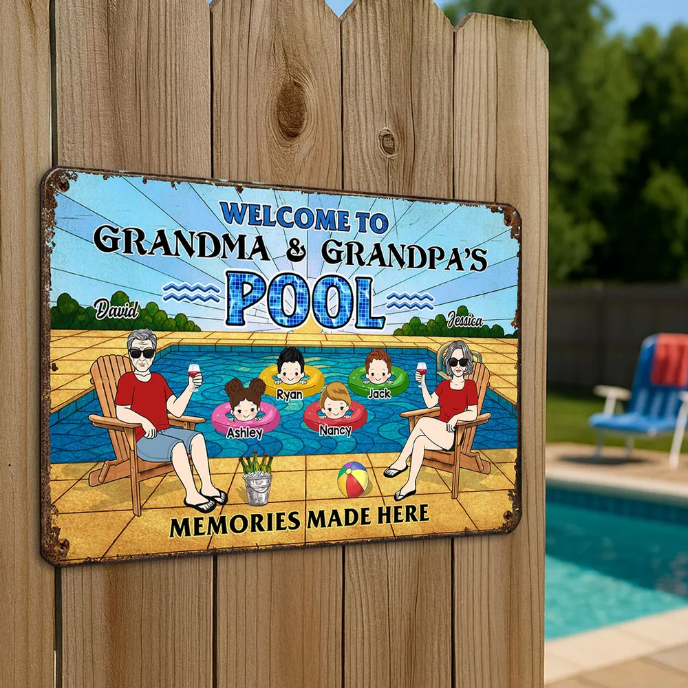 Welcome To Grandma & Grandpa’s Pool Sign – Personalized Rectangular Iron Sign, Summer Gift for Grandparents with Kids in Pool Scene, Custom Name Family Pool Decor - Image 6