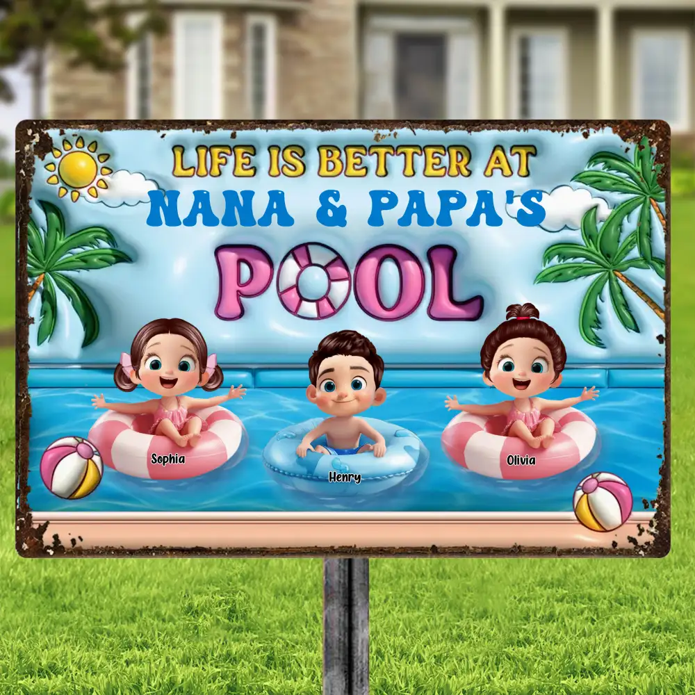 Life Is Better At Nana & Papa's Pool – Personalized Rectangular Iron Sign, Summer Poolside Gift For Grandparents - Image 2