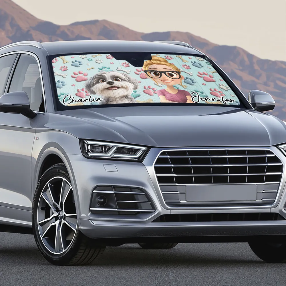 Custom Dog & Owner Windshield Sunshade – Paw-Print Car Accessory for Pet Lovers - Image 4