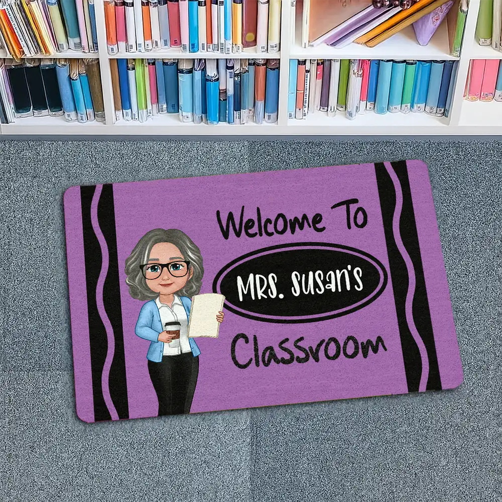Personalized Classroom Entrance Mat – Unique Gift for Teachers with Cartoon Illustration