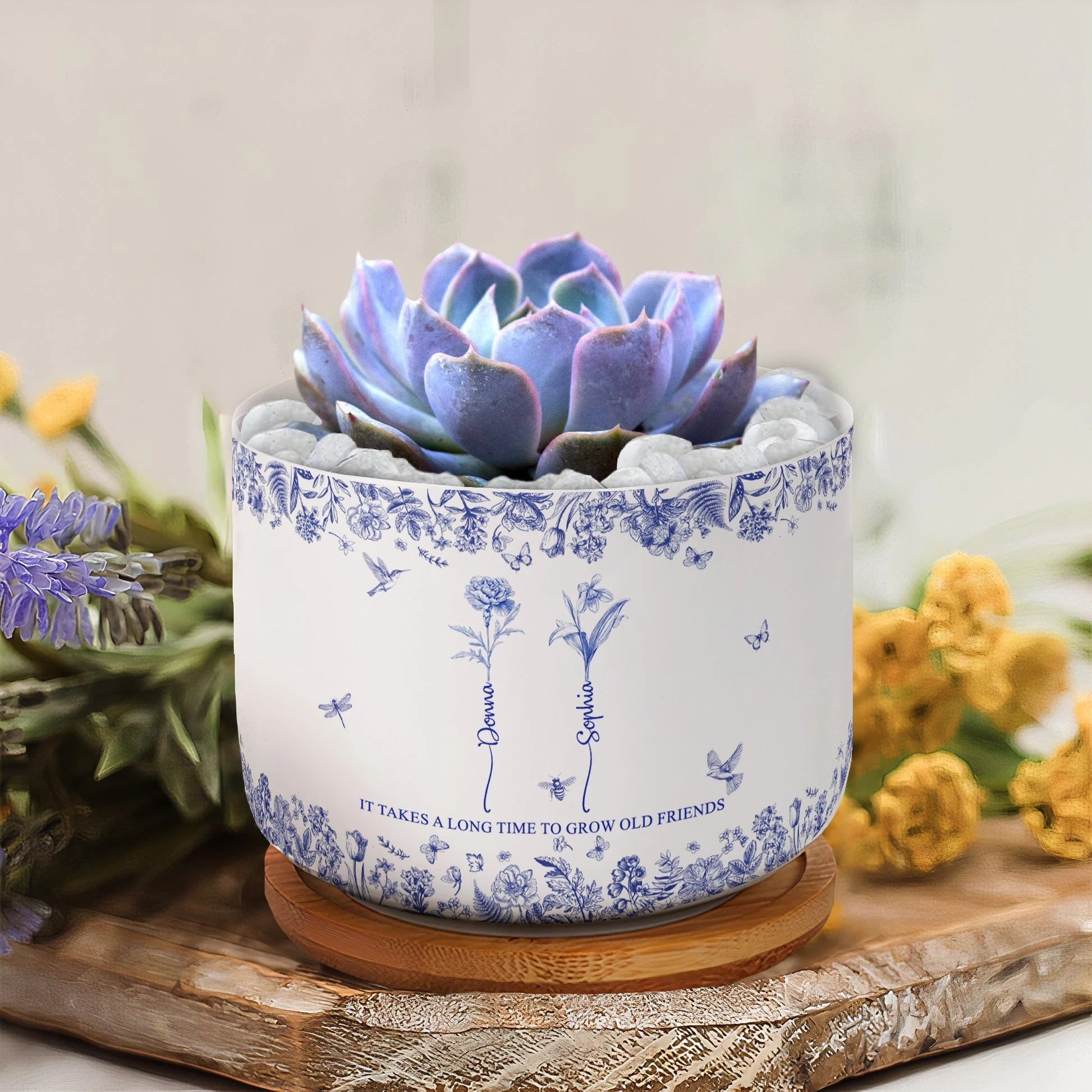 Custom Ceramic Flower Pot for Best Friends – 'It Takes a Long Time to Grow Old Friends' Quote with Name & Floral Design - Image 4