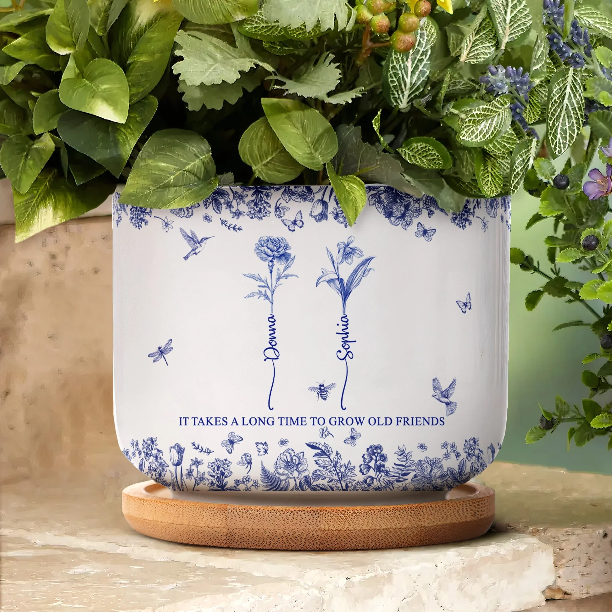 Custom Ceramic Flower Pot for Best Friends – 'It Takes a Long Time to Grow Old Friends' Quote with Name & Floral Design - Image 5